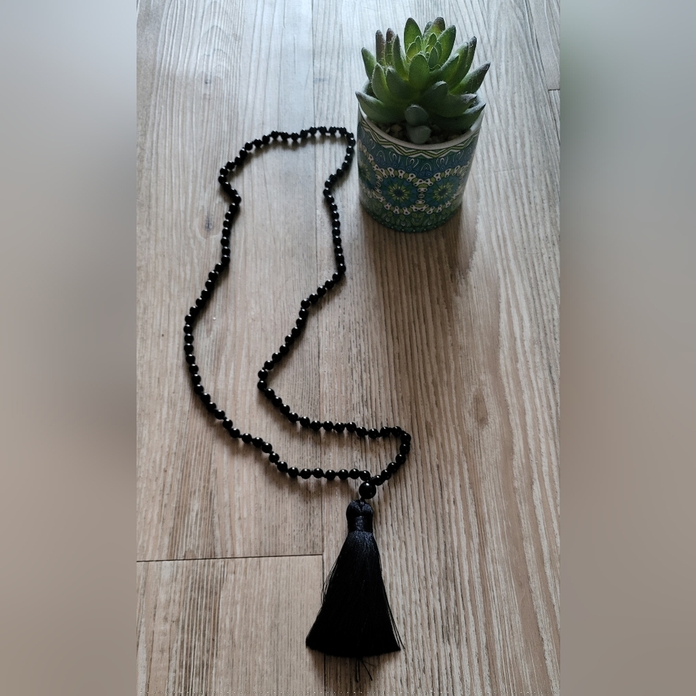 Handmade Black Beaded Necklace with Tassel